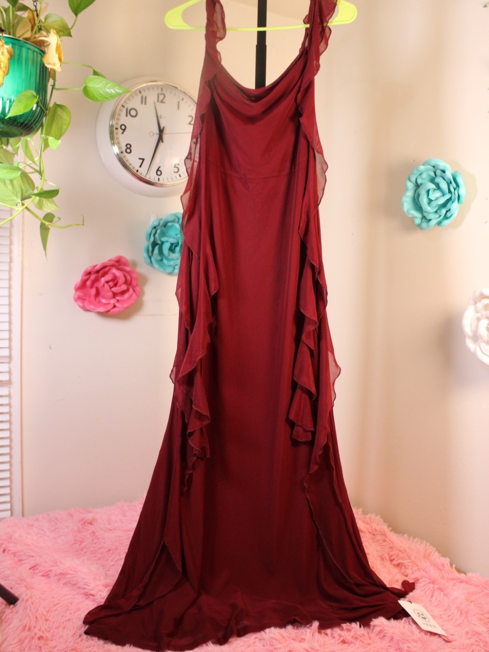 Cider Burgundy Sheer Ruffle Maxi Dress XS NWT Fairycore Goth